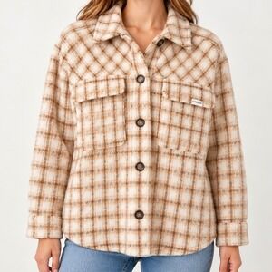 Ghanda Cream Brown Plaid Oversized Shacket Fuzzy Button Up Shirt Jacket Small